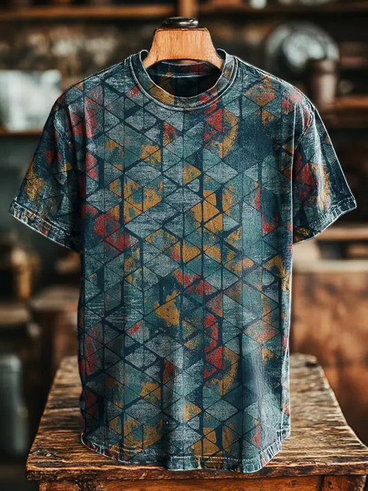 Unisex Retro Abstract Geometric Print Casual Loose Short Sleeve T-Shirt Colorful / S