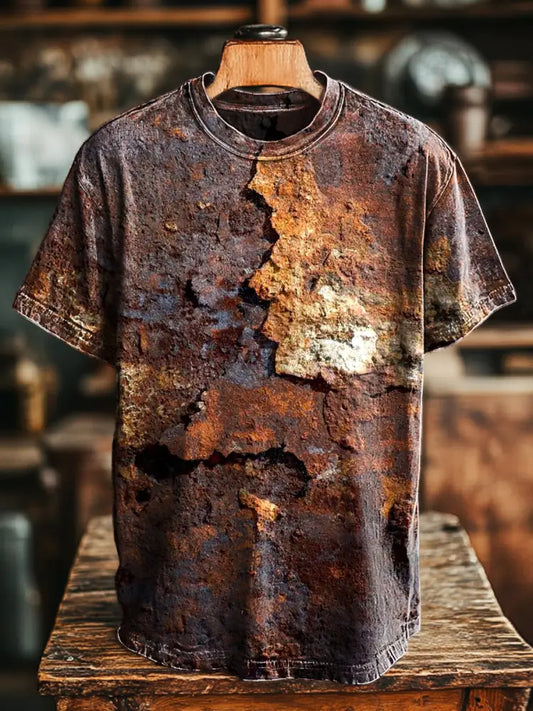 Unisex Retro Aged Rust Printed Casual Loose Short Sleeve T-Shirt Colorful / S