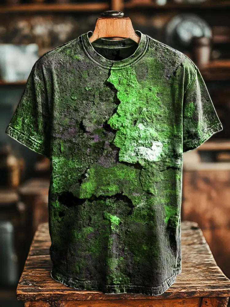 Unisex Retro Aged Rust Printed Casual Loose Short Sleeve T-Shirt Green / S