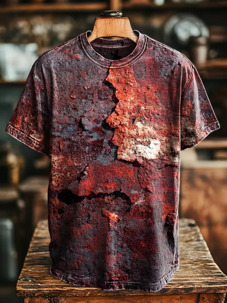Unisex Retro Aged Rust Printed Casual Loose Short Sleeve T-Shirt Jacinth / 4XL