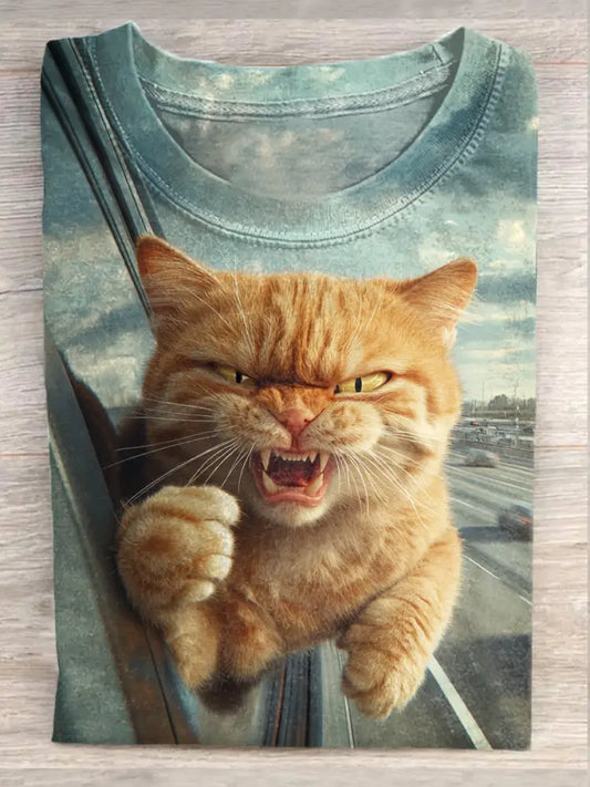 Unisex Retro Cat Fun Art Print Fashion Short Sleeve T-Shirt Tops A / S