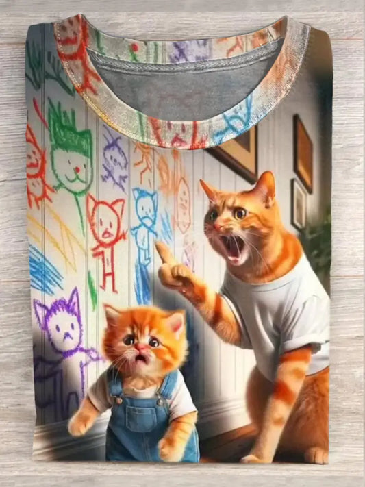 Unisex Retro Cat Fun Art Print Fashion Short Sleeve T-Shirt Tops A / S