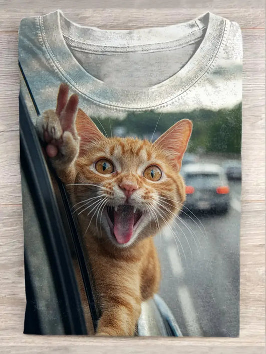 Unisex Retro Cat Fun Art Print Fashion Short Sleeve T-Shirt Tops A / S