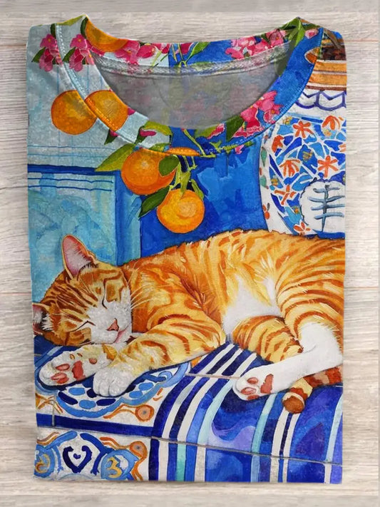 Unisex Retro Cat Fun Art Print Fashion Short Sleeve T-Shirt Tops A / S