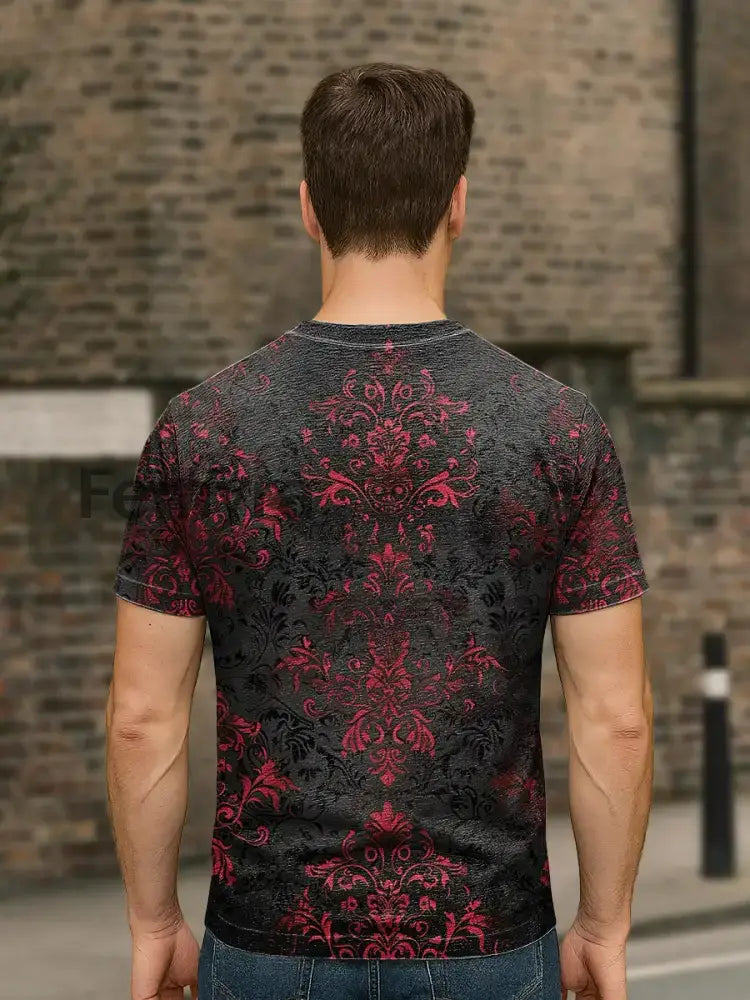 Unisex Retro Dark Floral Print Casual Loose Short Sleeve T-Shirt