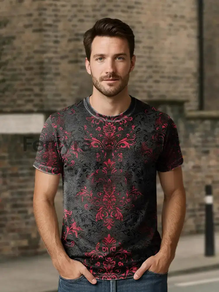 Unisex Retro Dark Floral Print Casual Loose Short Sleeve T-Shirt