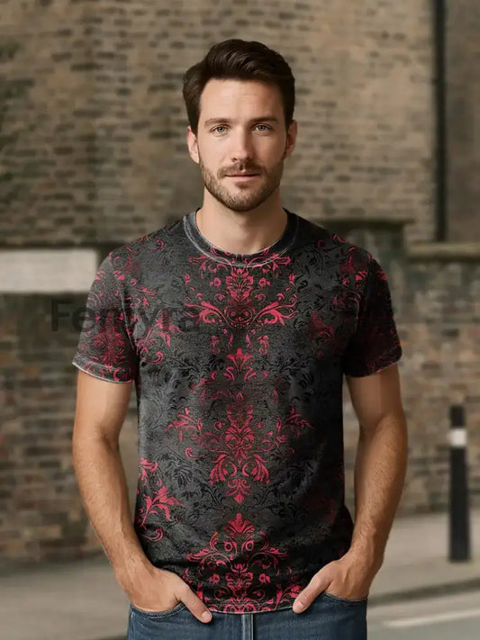 Unisex Retro Dark Floral Print Casual Loose Short Sleeve T-Shirt