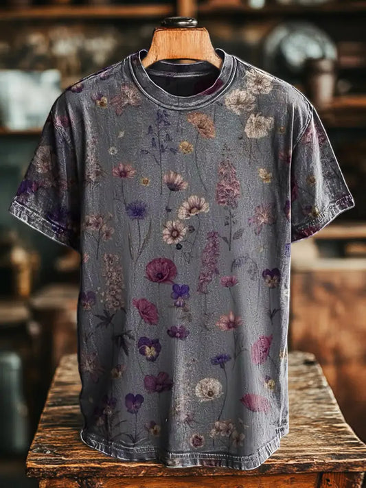 Unisex Retro Floral Print Casual Loose Short Sleeve T-Shirt Colorful / S