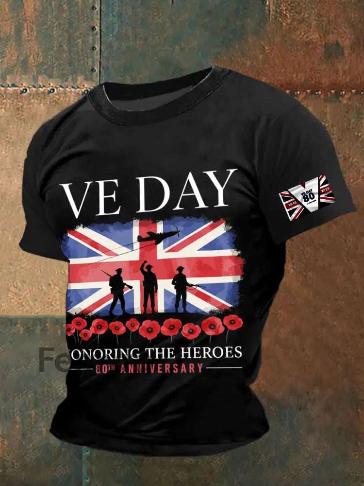 VE DAY Printed Vintage Fashion Loose Short Sleeve T-Shirt Black / S