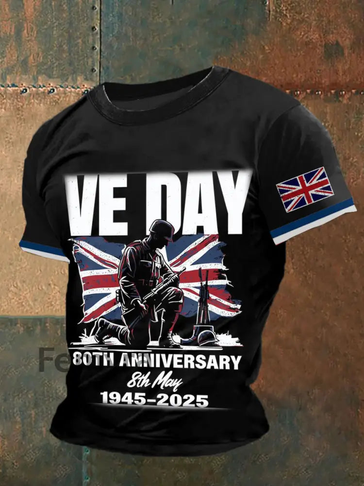 Ve Day Printed Vintage Fashion Loose Short Sleeve T-Shirt Black / S