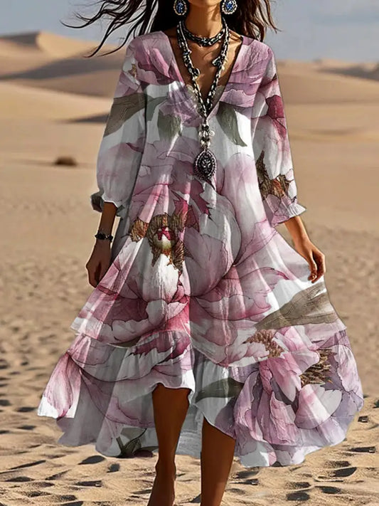 Vintage Bohemian V-Shaped Floral Art Print Casual Elegant Fashion Double Dress A / S