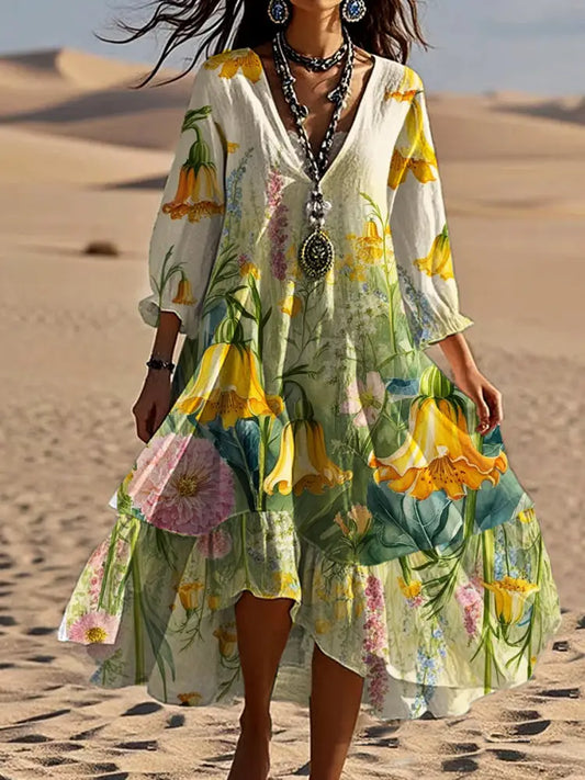 Vintage Bohemian V-Shaped Floral Art Print Casual Elegant Fashion Double Dress A / S