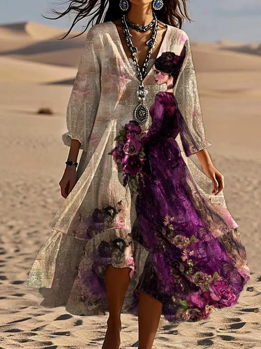 Vintage Bohemian V-Shaped Floral Art Print Casual Elegant Fashion Double Dress A / S