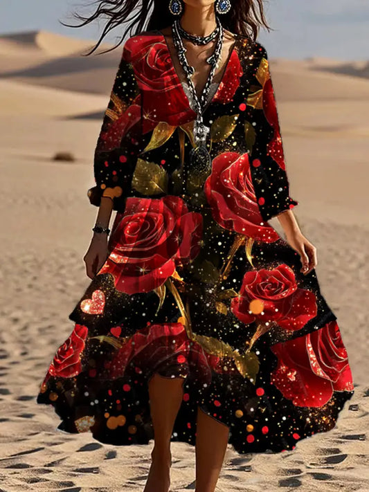 Vintage Bohemian V-Shaped Floral Art Print Casual Elegant Fashion Double Dress A / S