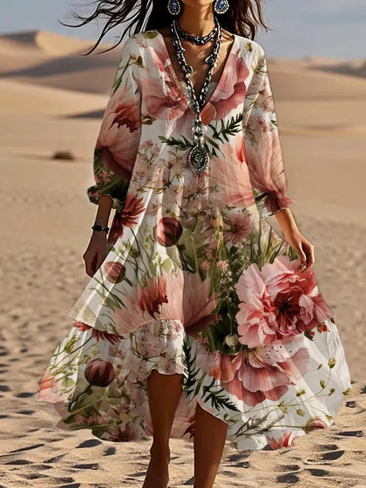 Vintage Bohemian V-Shaped Floral Art Print Casual Elegant Fashion Double Dress A / S