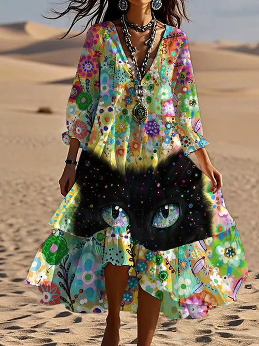 Vintage Bohemian V-Shaped Floral Art Print Casual Elegant Fashion Double Dress A / S