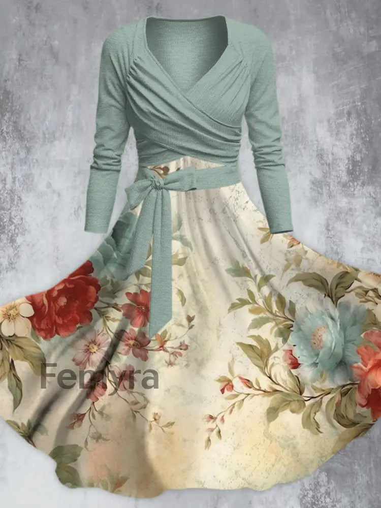 Vintage Elegant Flower Printed V-Neck Long Sleeve Straps Fashion Midi Dress A / S