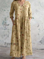 Vintage Floral Art Print Chic V-Neck Long Sleeve Elegant Midi Dress