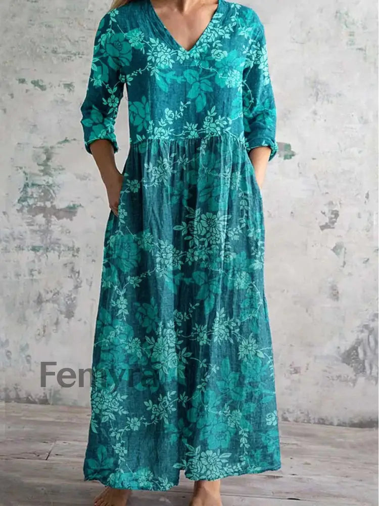 Vintage Floral Art Print Chic V-Neck Long Sleeve Elegant Midi Dress
