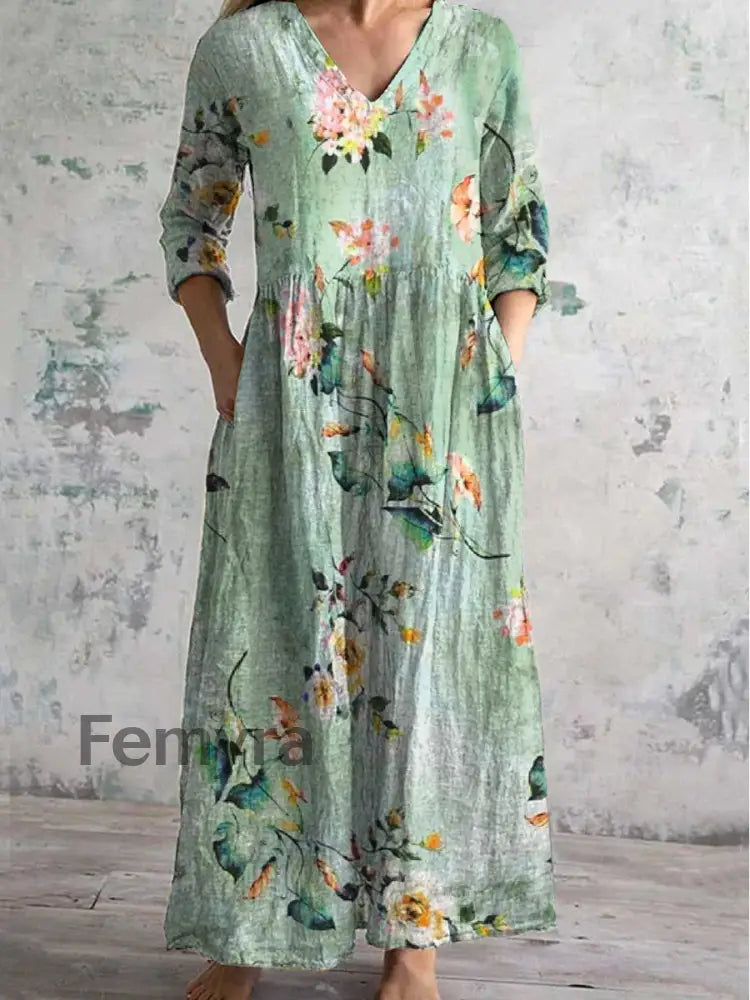 Vintage Floral Art Print Chic V-Neck Three-Quarter Sleeve Elegant Midi Dress A / S
