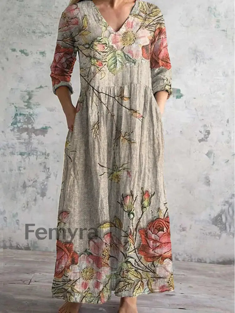 Vintage Floral Art Print Chic V-Neck Three-Quarter Sleeve Elegant Midi Dress A / S