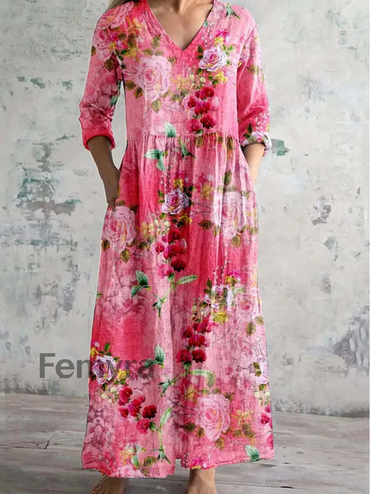 Vintage Floral Art Print Chic V Neck Three Quarter Sleeve Elegant Midi Dress A / S