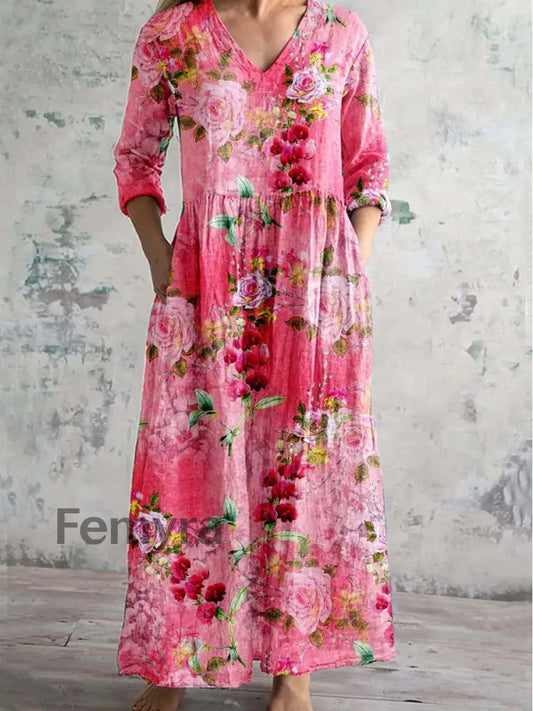 Vintage Floral Art Print Chic V Neck Three Quarter Sleeve Elegant Midi Dress A / S