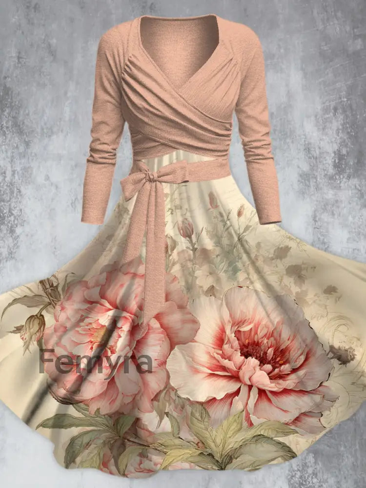 Vintage Pink Flower Printed V-Neck Long Sleeve Straps Fashion Midi Dress A / S