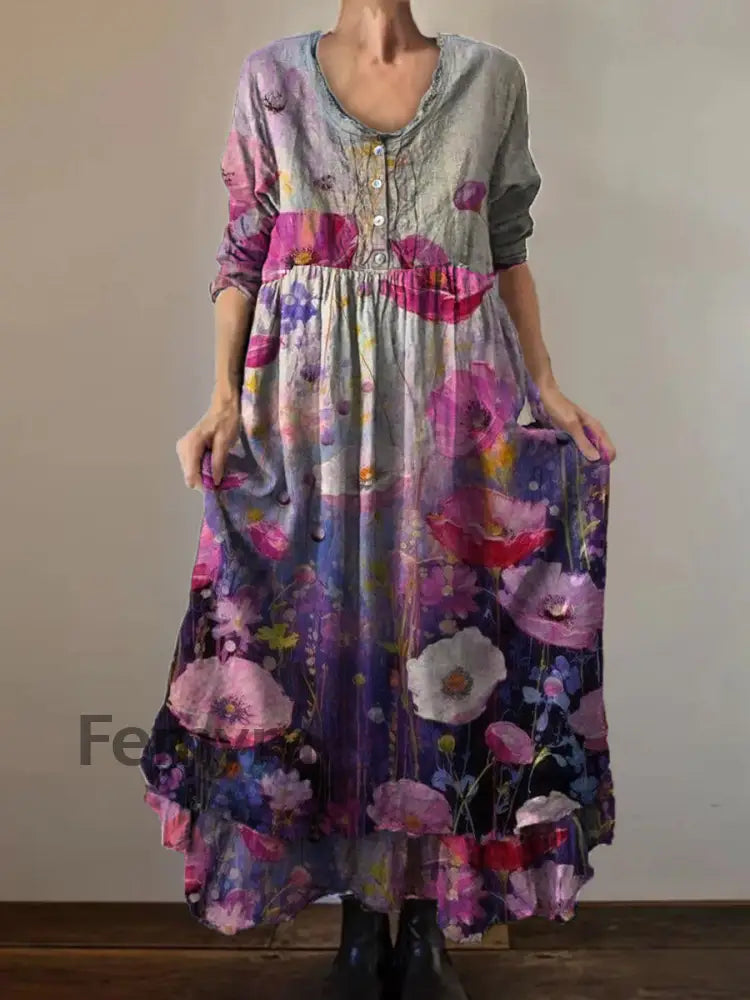 Vintage Round Neck Bohemian Floral Print Elegant Chic Loose Midi Dress A / S