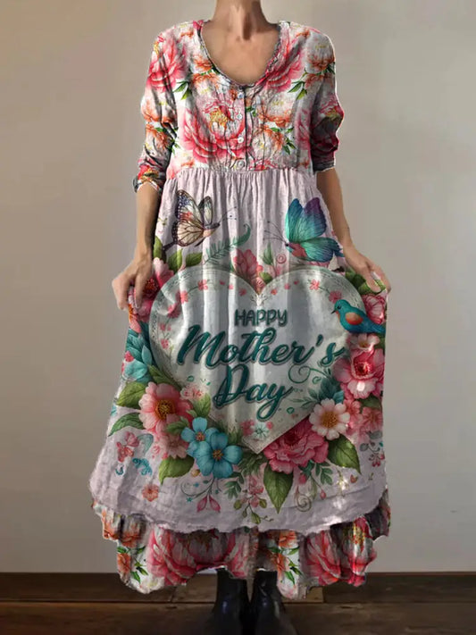 Vintage Round Neck Bohemian Floral Print Elegant Chic Loose Midi Dress A / S