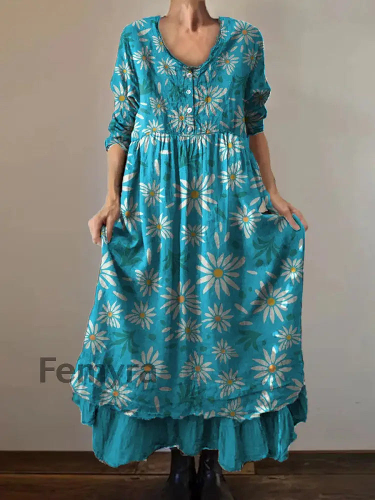 Vintage Round Neck Bohemian Floral Print Elegant Chic Loose Midi Dress A / S
