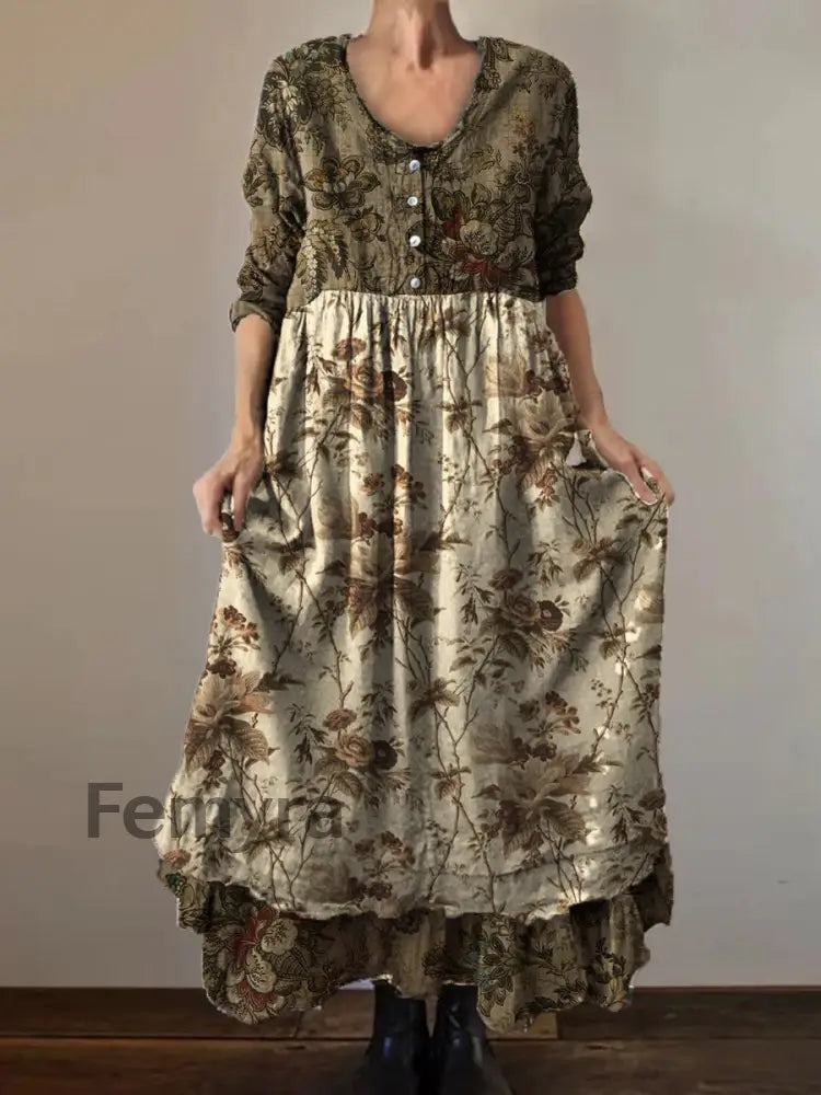 Vintage Round Neck Bohemian Floral Print Elegant Chic Loose Midi Dress A / S