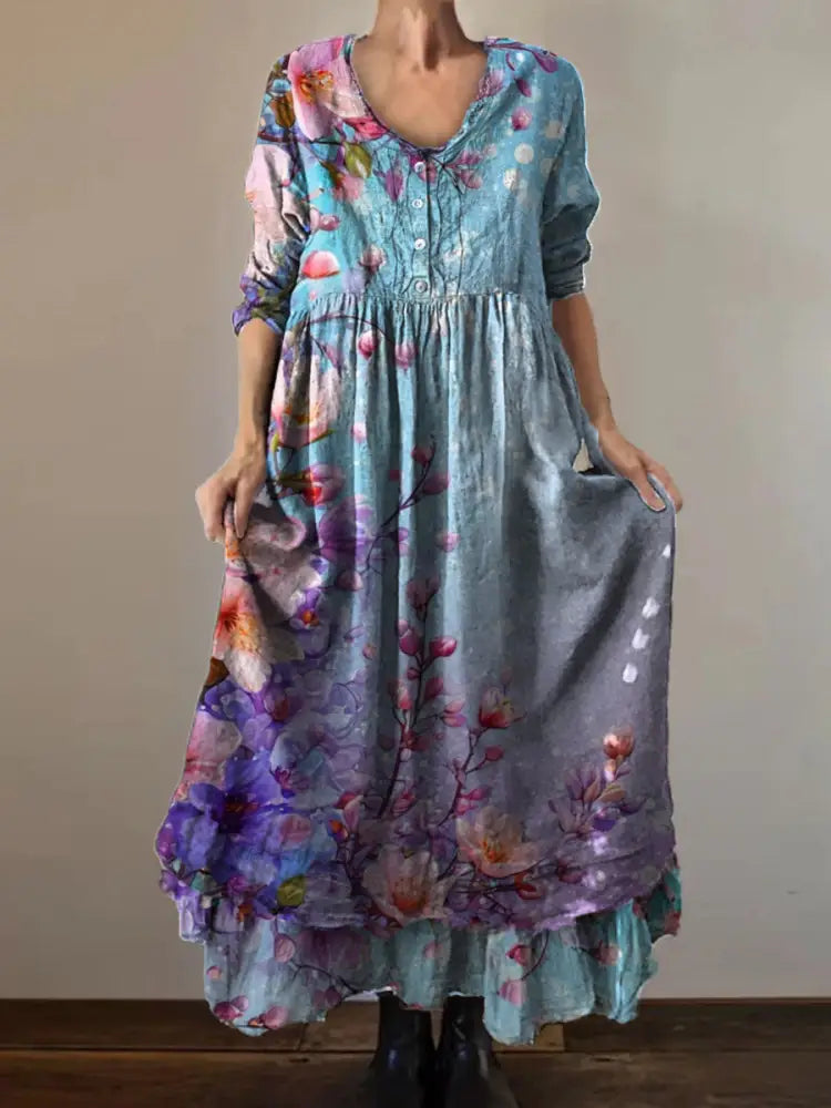 Vintage Round Neck Bohemian Floral Print Elegant Chic Loose Midi Dress A / S