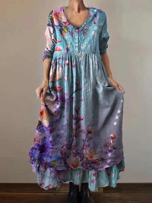 Vintage Round Neck Bohemian Floral Print Elegant Chic Loose Midi Dress A / S