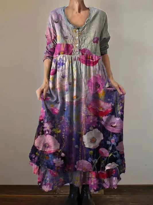 Vintage Round Neck Bohemian Floral Print Elegant Chic Loose Midi Dress A / S