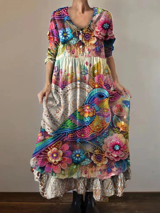 Vintage Round Neck Bohemian Floral Print Elegant Chic Loose Midi Dress A / S