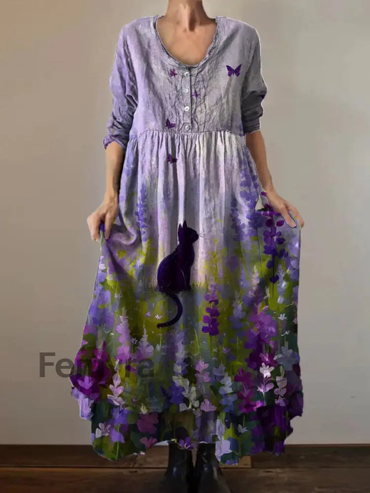 Vintage Round Neck Bohemian Floral Print Elegant Chic Loose Midi Dress A / S