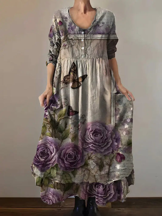 Vintage Round Neck Bohemian Floral Print Elegant Chic Loose Midi Dress A / S