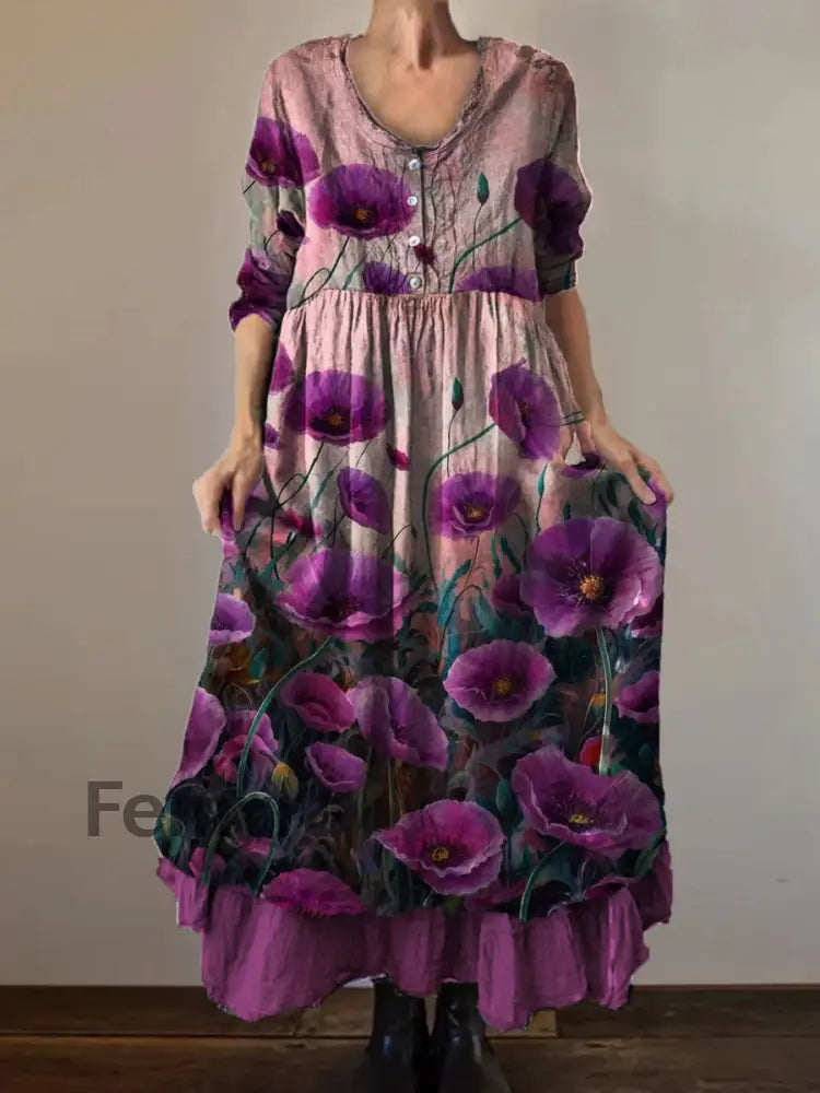 Vintage Round Neck Bohemian Floral Print Elegant Chic Loose Midi Dress A / S