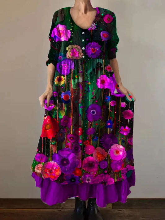 Vintage Round Neck Bohemian Floral Print Elegant Chic Loose Midi Dress A / S