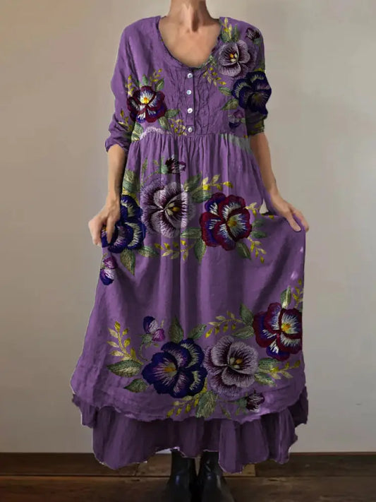 Vintage Round Neck Bohemian Floral Print Elegant Chic Loose Midi Dress A / S