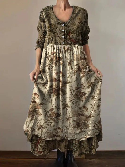 Vintage Round Neck Bohemian Floral Print Elegant Chic Loose Midi Dress A / S