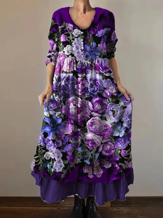 Vintage Round Neck Bohemian Floral Print Elegant Chic Loose Midi Dress A / S