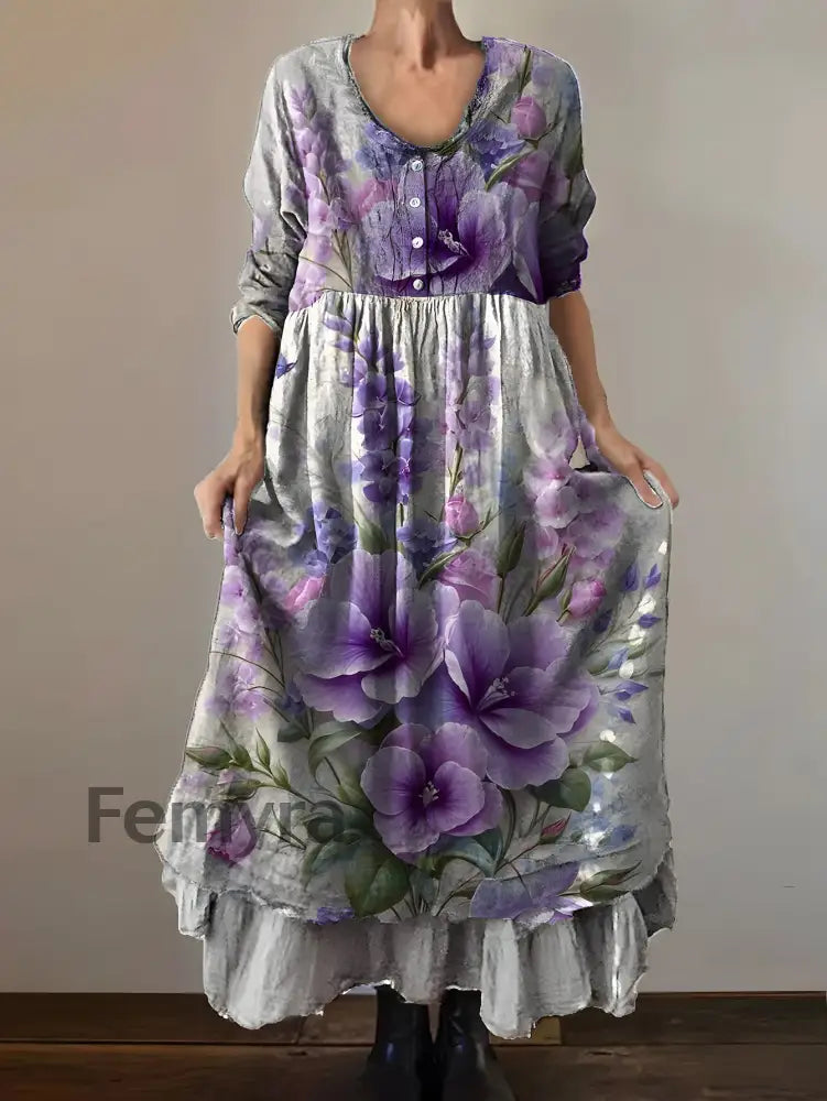 Vintage Round Neck Bohemian Floral Print Elegant Chic Loose Midi Dress A / S