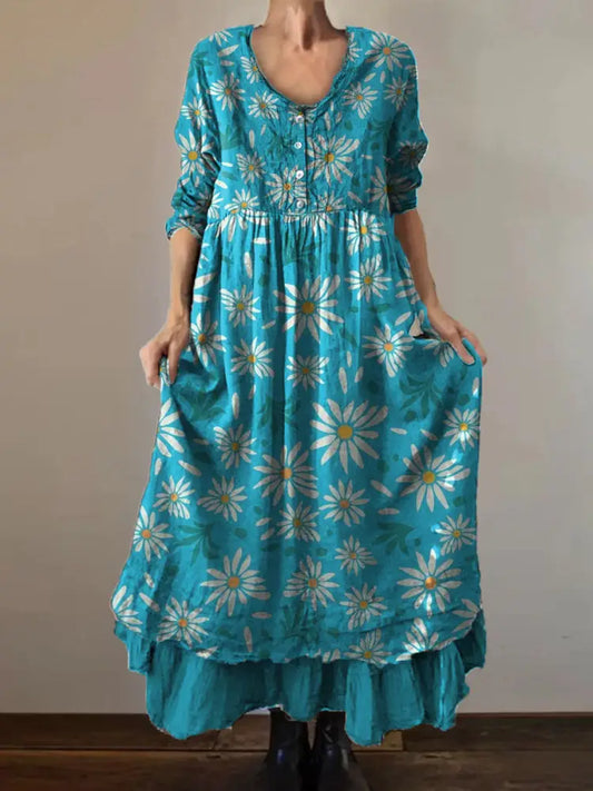 Vintage Round Neck Bohemian Floral Print Elegant Chic Loose Midi Dress A / S