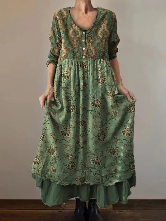 Vintage Round Neck Bohemian Floral Print Elegant Chic Loose Midi Dress A / S