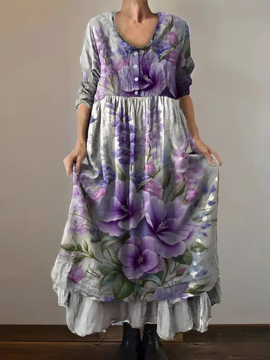 Vintage Round Neck Bohemian Floral Print Elegant Chic Loose Midi Dress A / S