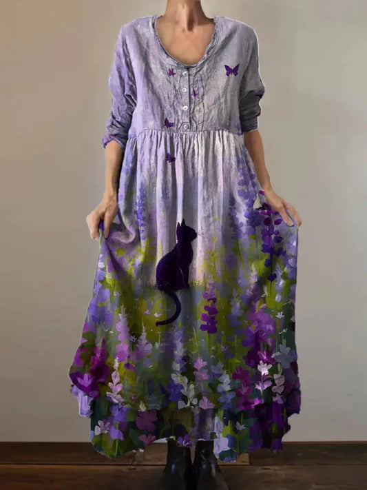 Vintage Round Neck Bohemian Floral Print Elegant Chic Loose Midi Dress A / S
