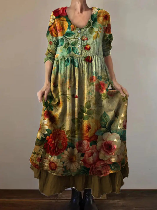 Vintage Round Neck Bohemian Floral Print Elegant Chic Loose Midi Dress A / S