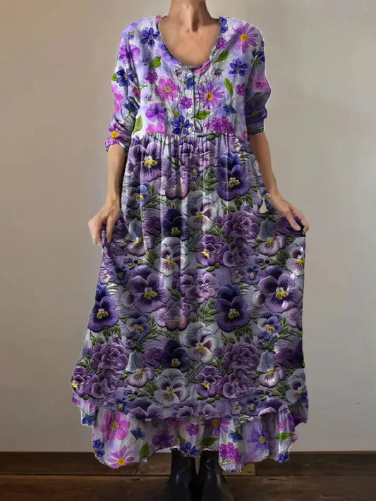 Vintage Round Neck Bohemian Floral Print Elegant Chic Loose Midi Dress A / S